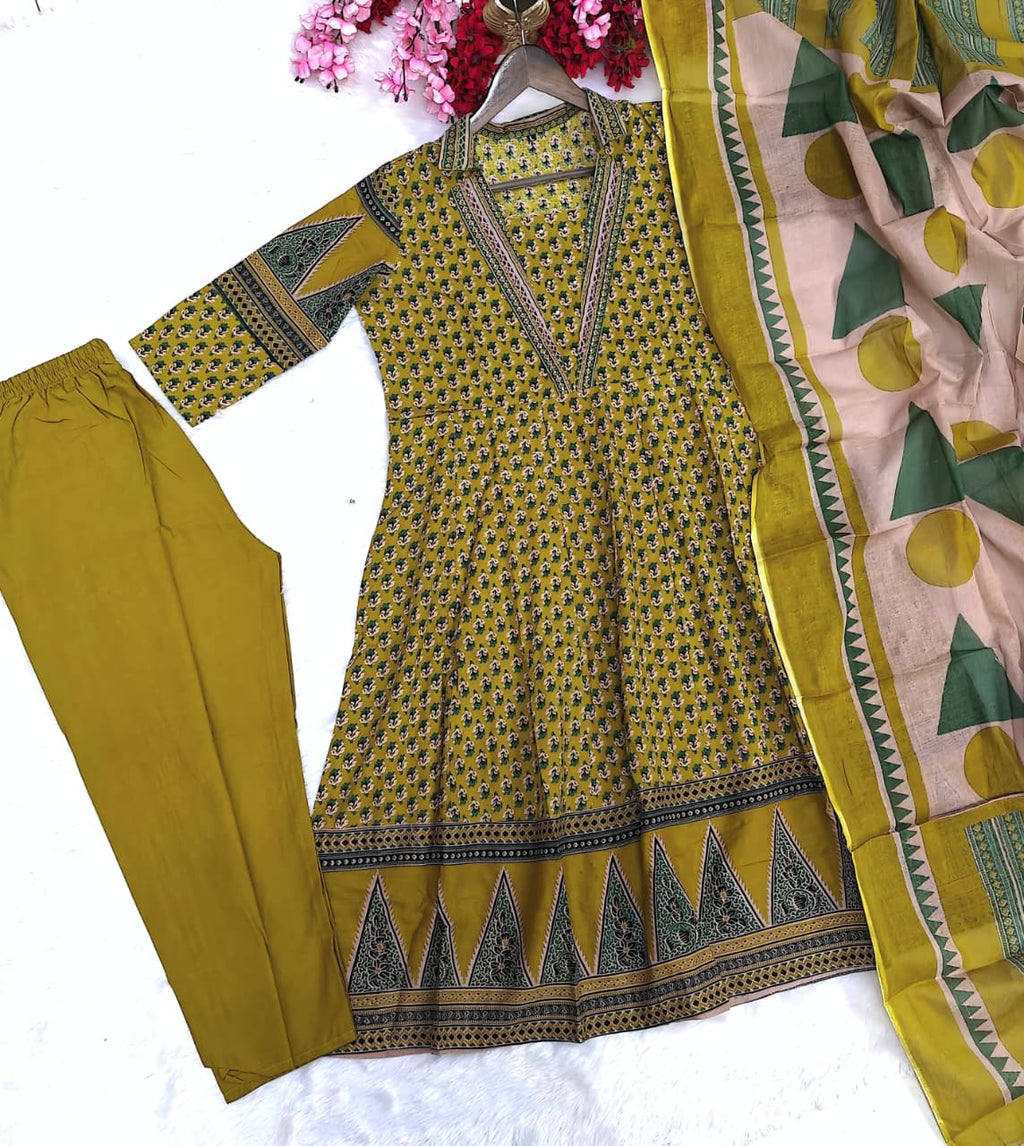 Premium Sequence Embroidery work Cotton Anarkali kurti set