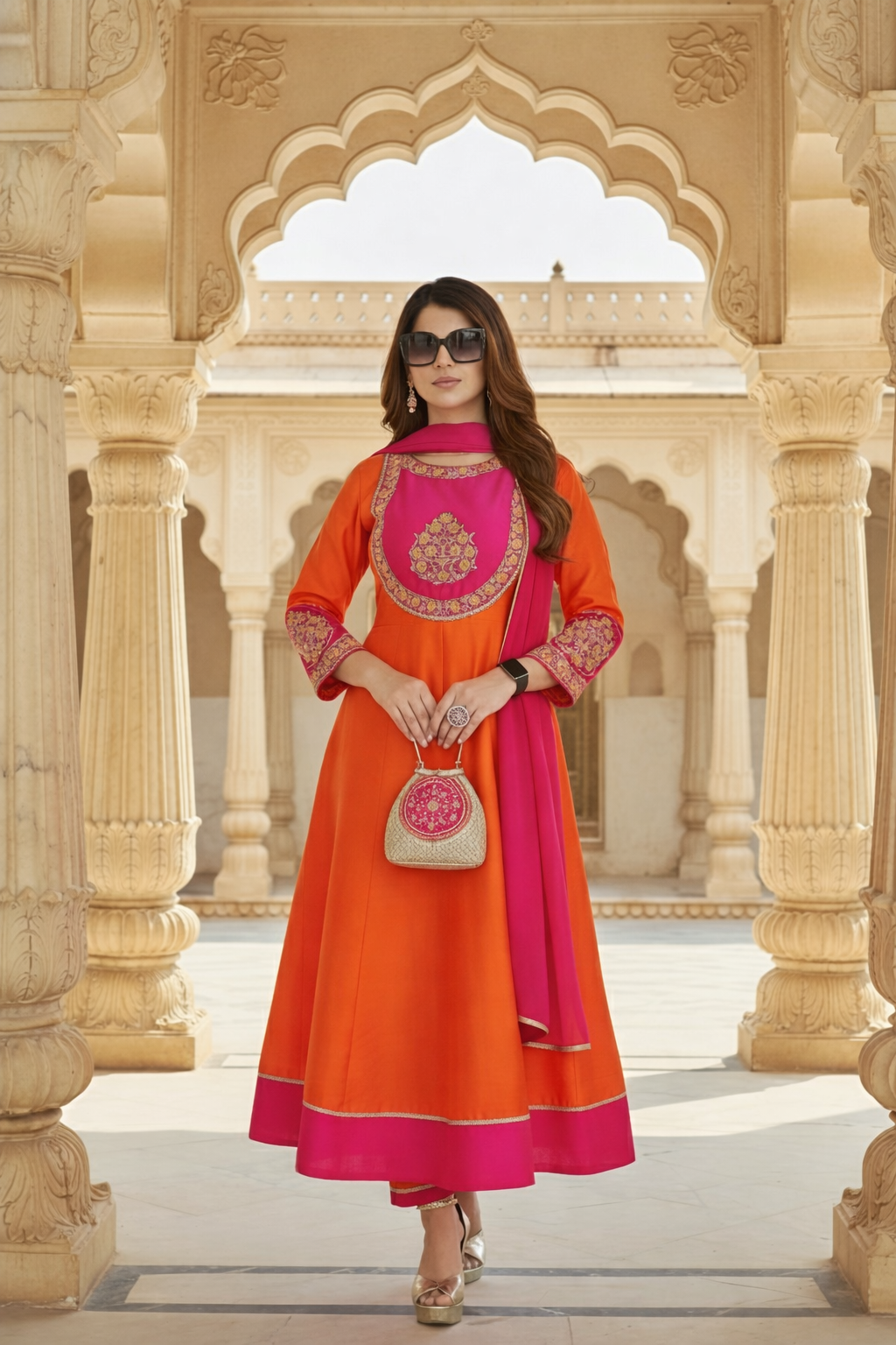 Beautiful Orange Color Embroidery work Chanderi Cotton with Inner Kurti