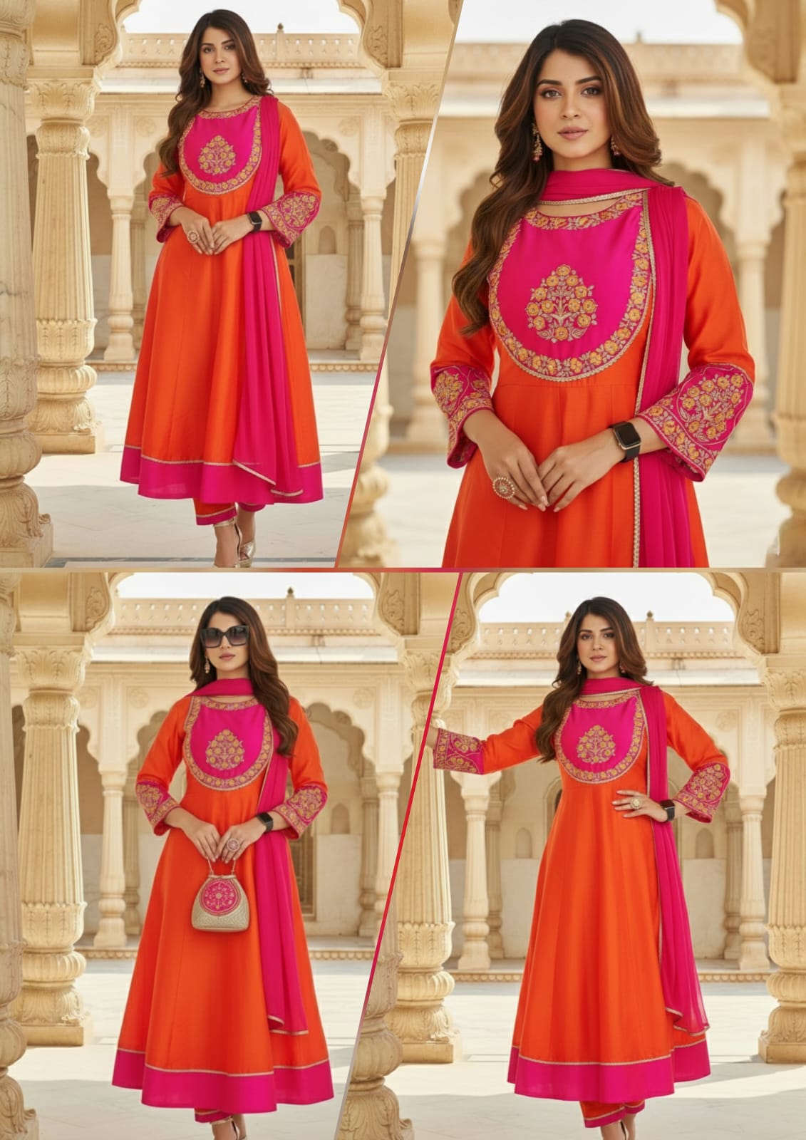 Beautiful Orange Color Embroidery work Chanderi Cotton with Inner Kurti