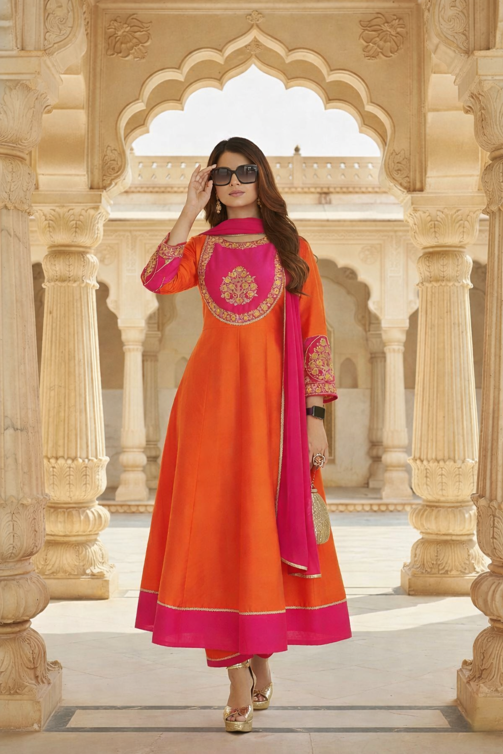 Beautiful Orange Color Embroidery work Chanderi Cotton with Inner Kurti
