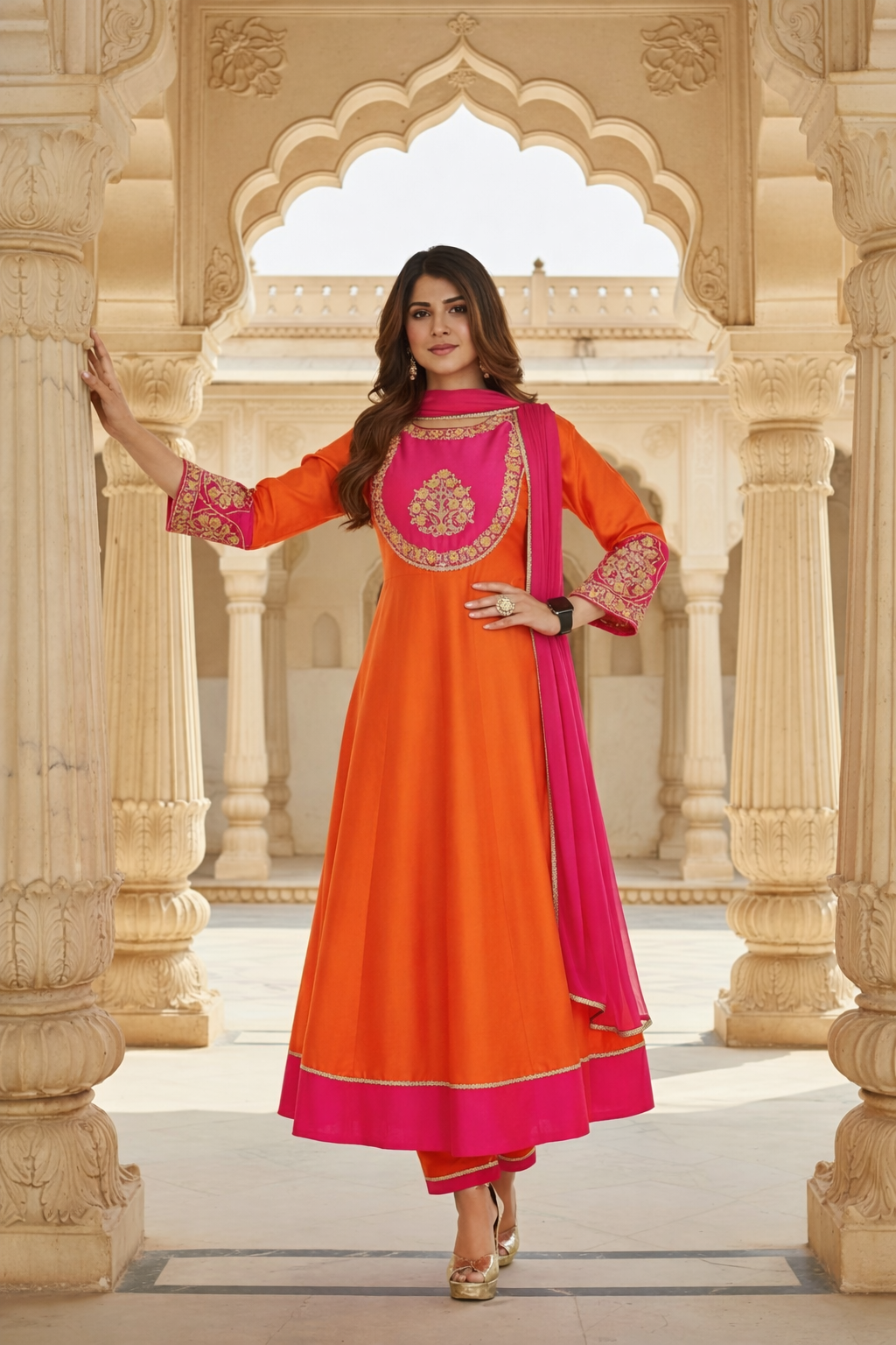 Beautiful Orange Color Embroidery work Chanderi Cotton with Inner Kurti