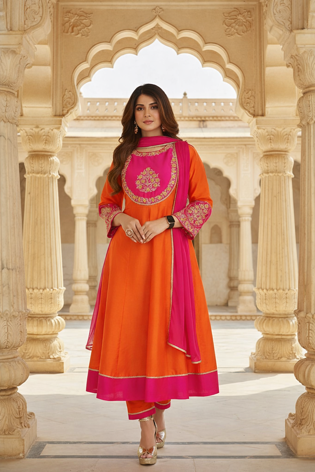 Beautiful Orange Color Embroidery work Chanderi Cotton with Inner Kurti
