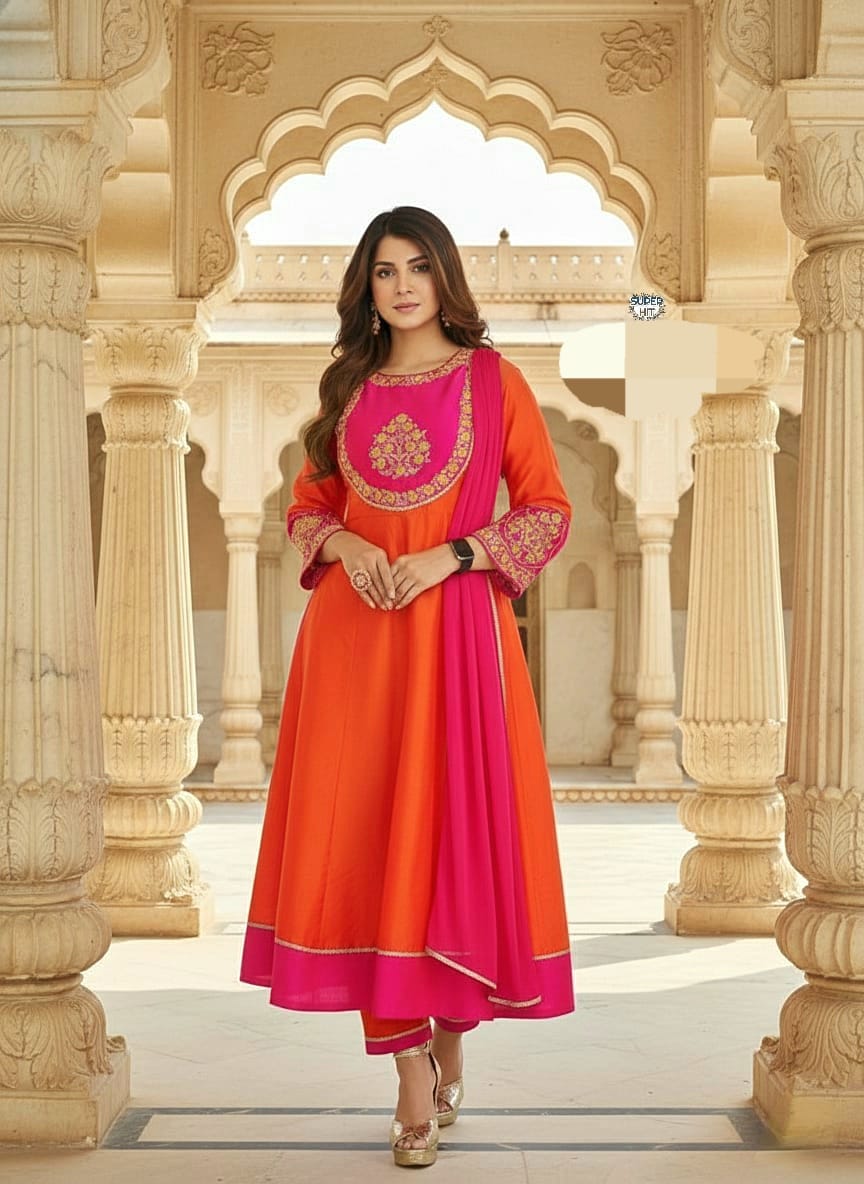 Beautiful Orange Color Embroidery work Chanderi Cotton with Inner Kurti