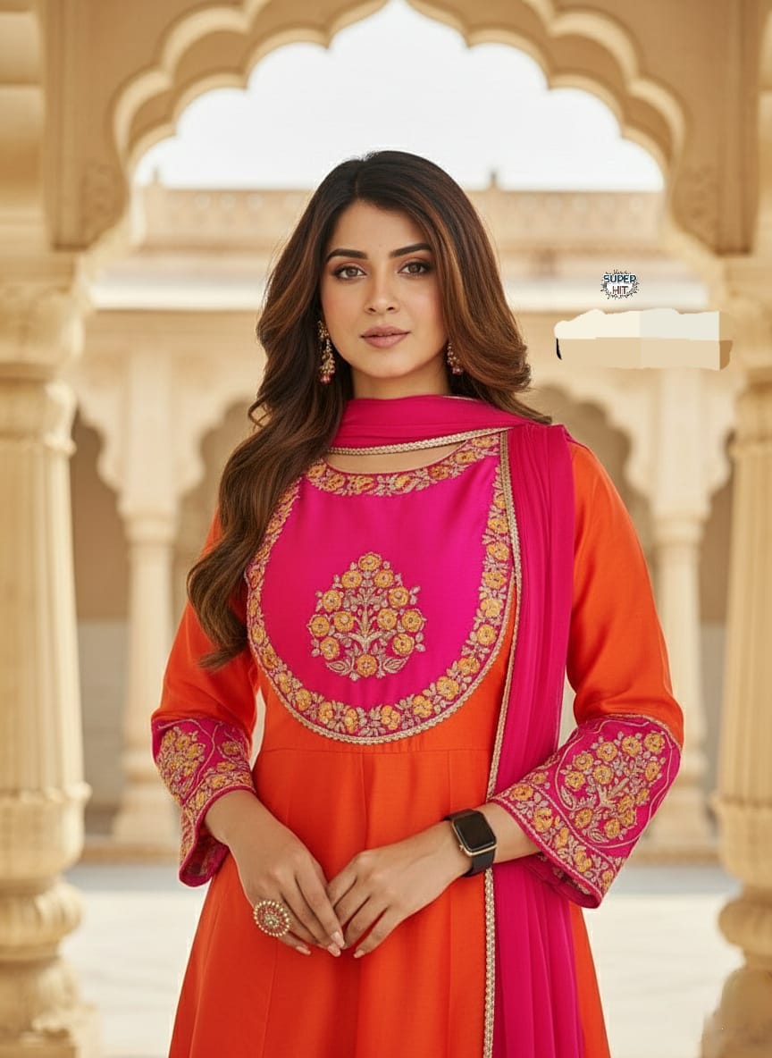 Beautiful Orange Color Embroidery work Chanderi Cotton with Inner Kurti