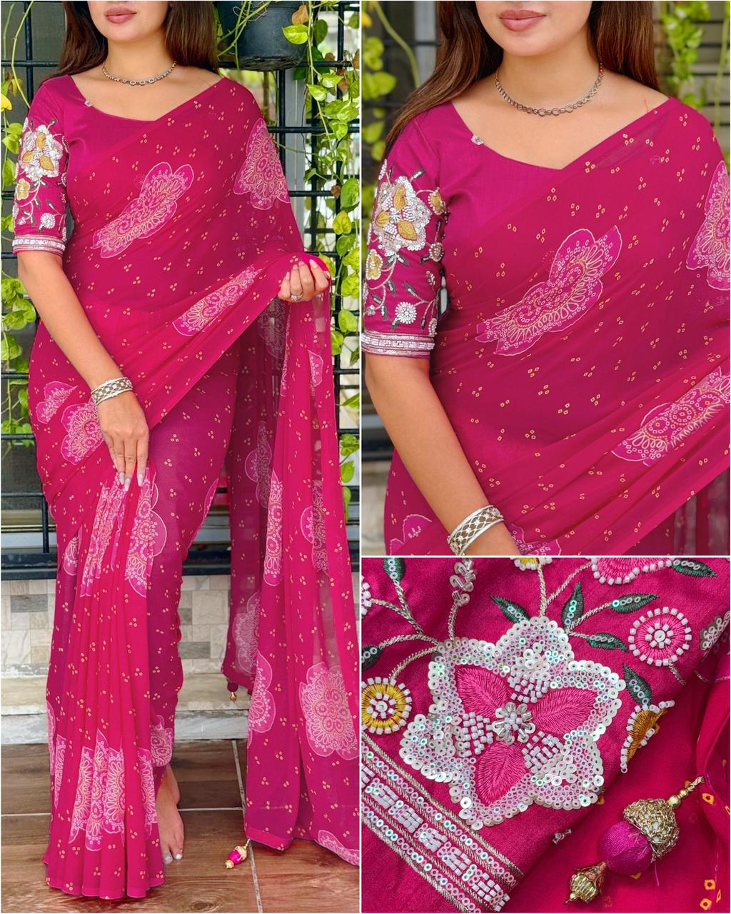 Premium Georgette Blossom Flower Design Print & Sequins Embroidered work in blouse