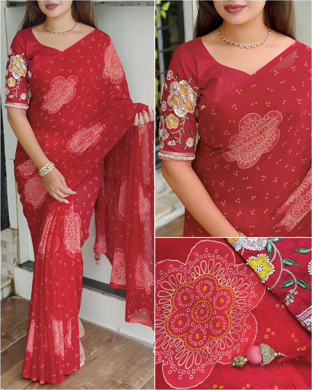 Premium Georgette Blossom Flower Design Print & Sequins Embroidered work in blouse