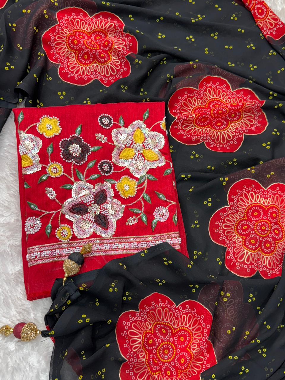Premium Georgette Blossom Flower Design Print & Sequins Embroidered work in blouse