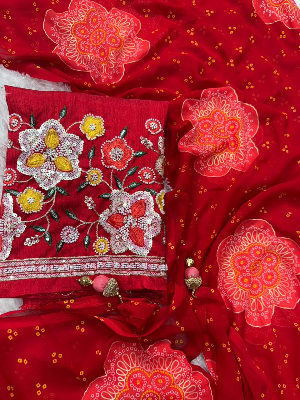 Premium Georgette Blossom Flower Design Print & Sequins Embroidered work in blouse