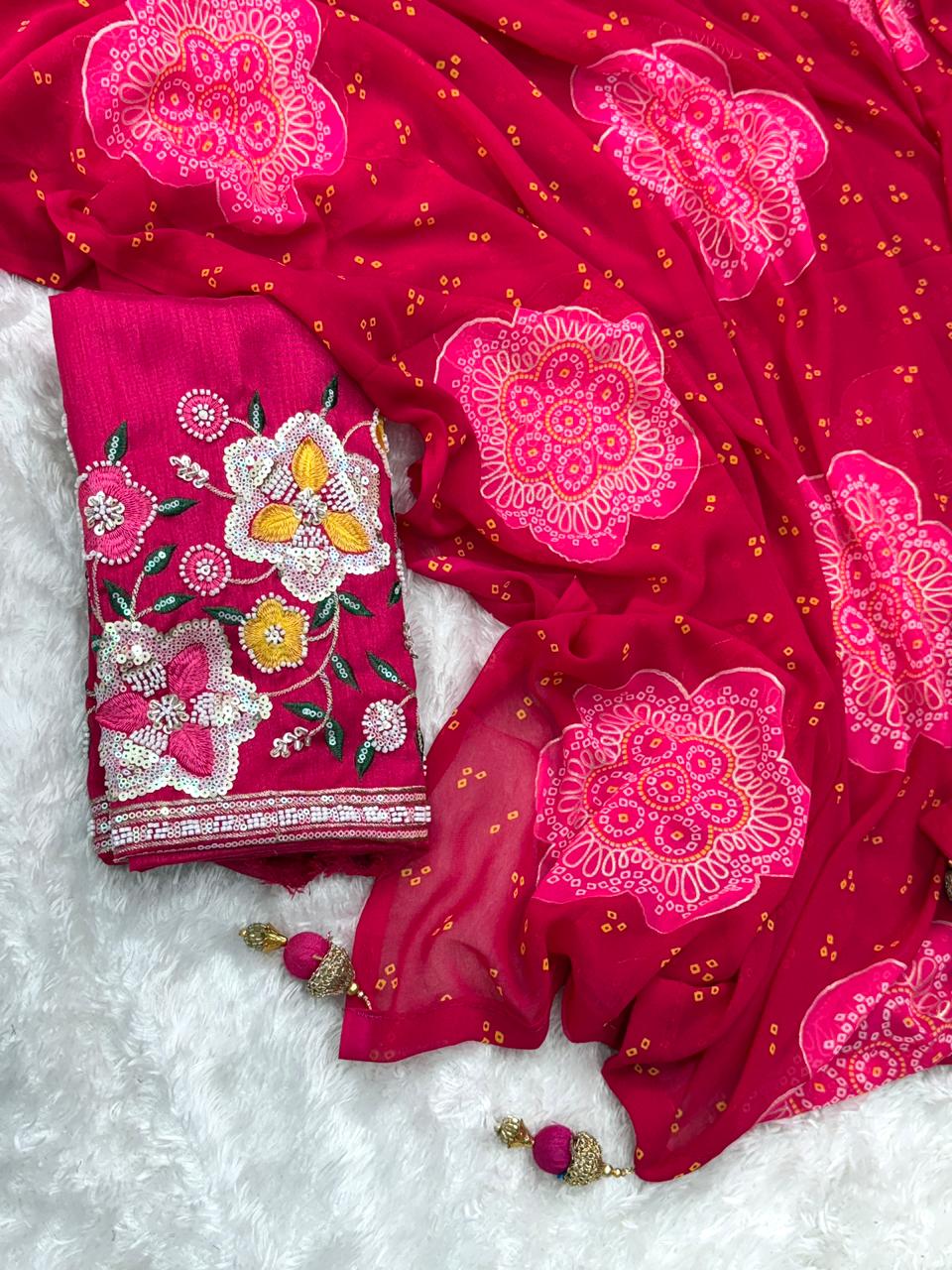 Premium Georgette Blossom Flower Design Print & Sequins Embroidered work in blouse