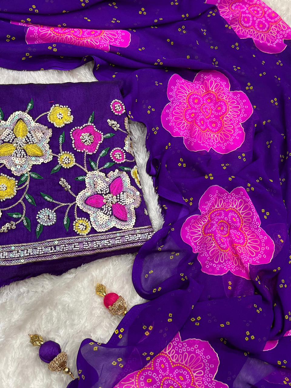 Premium Georgette Blossom Flower Design Print & Sequins Embroidered work in blouse