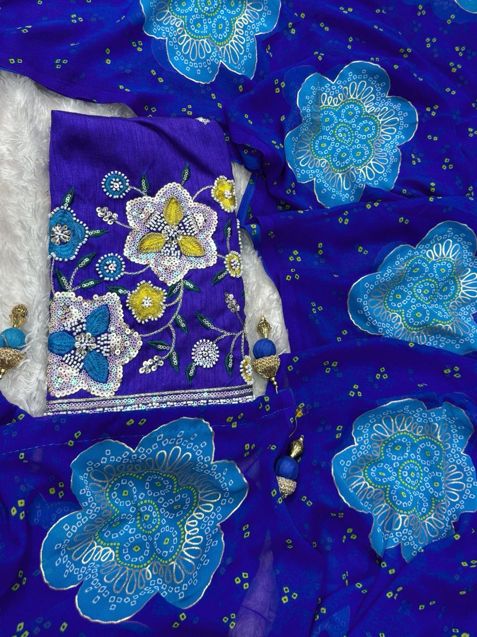 Premium Georgette Blossom Flower Design Print & Sequins Embroidered work in blouse