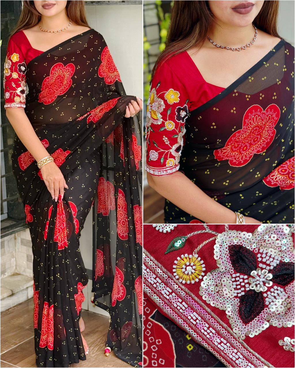 Premium Georgette Blossom Flower Design Print & Sequins Embroidered work in blouse