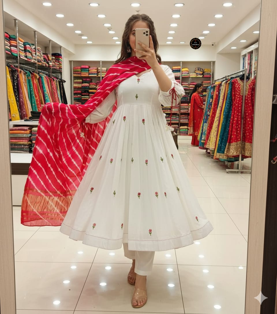 White Chanderi Cotton Pentagon Neckline Beautiful Embroidery Kurti Set