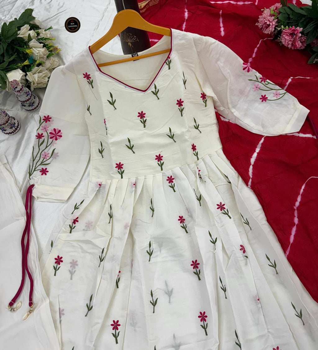 White Chanderi Cotton Pentagon Neckline Beautiful Embroidery Kurti Set