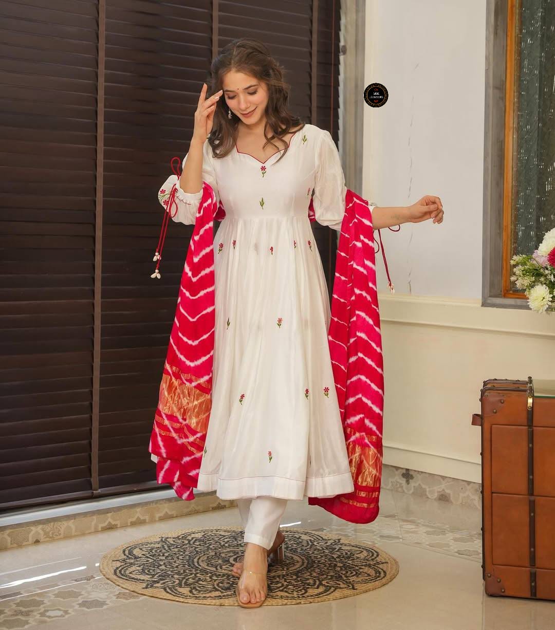 White Chanderi Cotton Pentagon Neckline Beautiful Embroidery Kurti Set