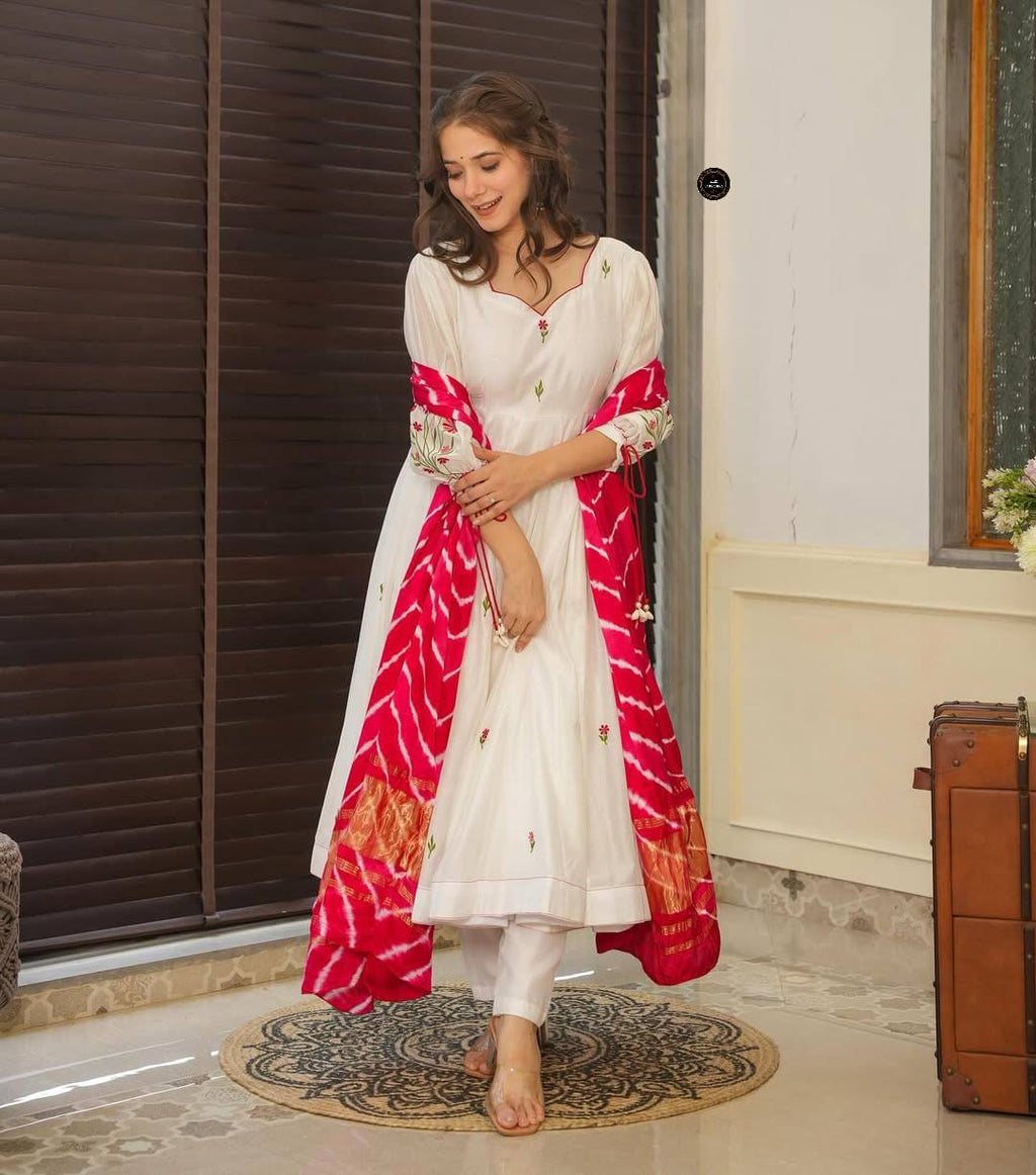White Chanderi Cotton Pentagon Neckline Beautiful Embroidery Kurti Set