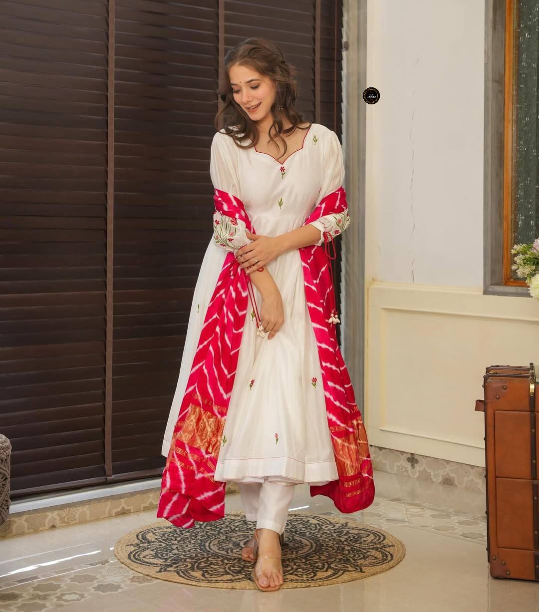 White Chanderi Cotton Pentagon Neckline Beautiful Embroidery Kurti Set
