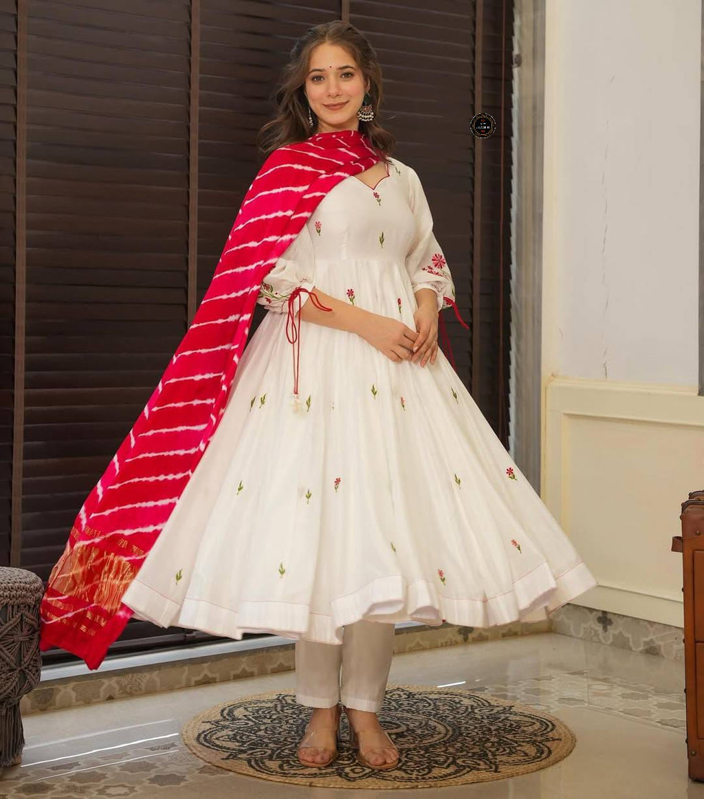 White Chanderi Cotton Pentagon Neckline Beautiful Embroidery Kurti Set