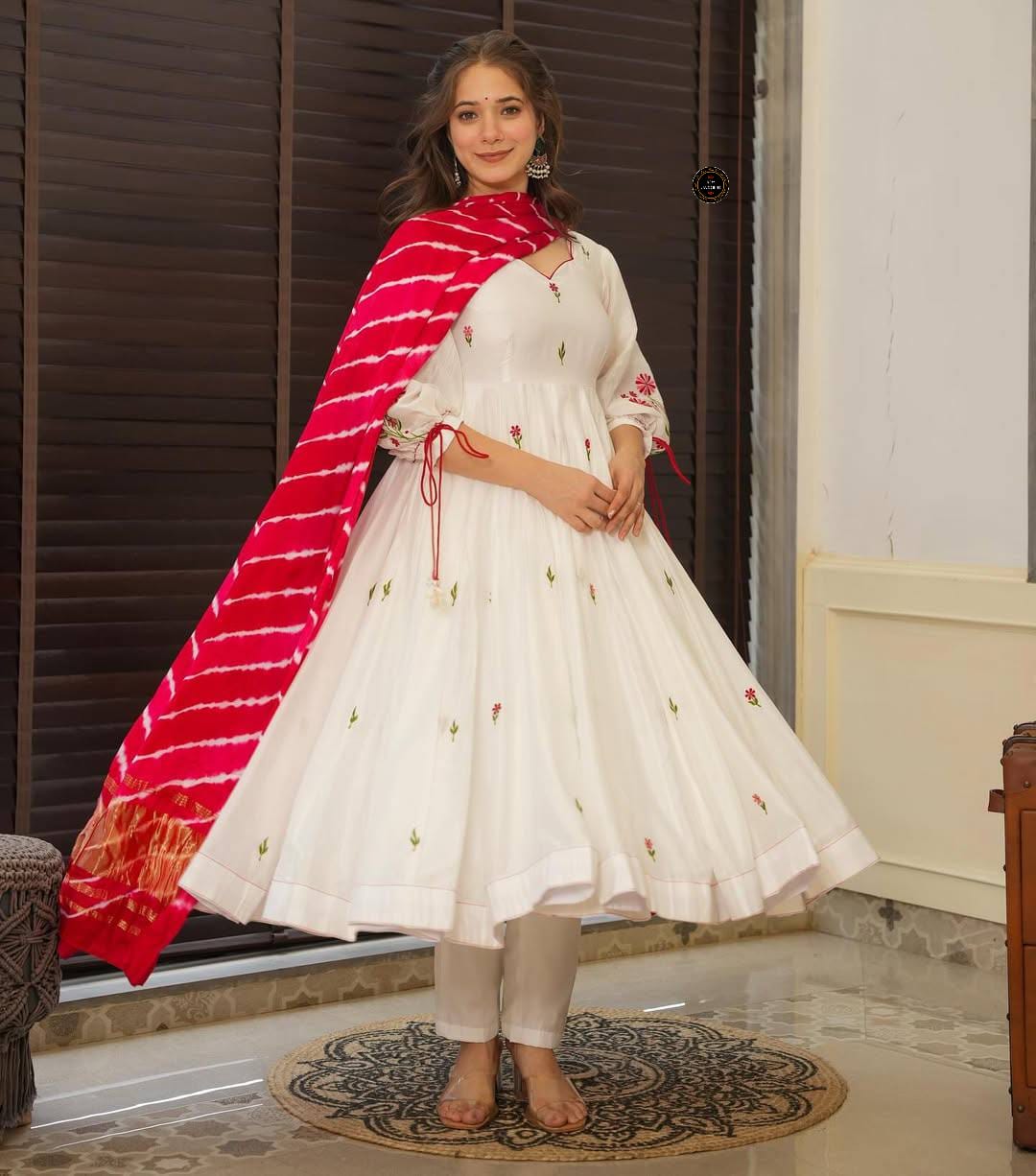 White Chanderi Cotton Pentagon Neckline Beautiful Embroidery Kurti Set