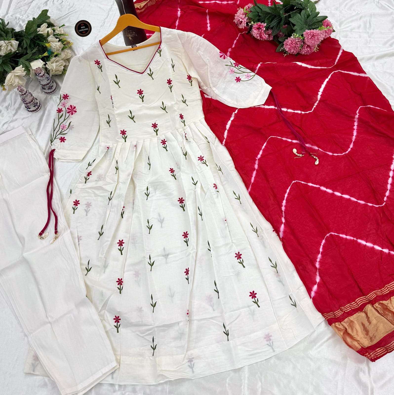 White Chanderi Cotton Pentagon Neckline Beautiful Embroidery Kurti Set