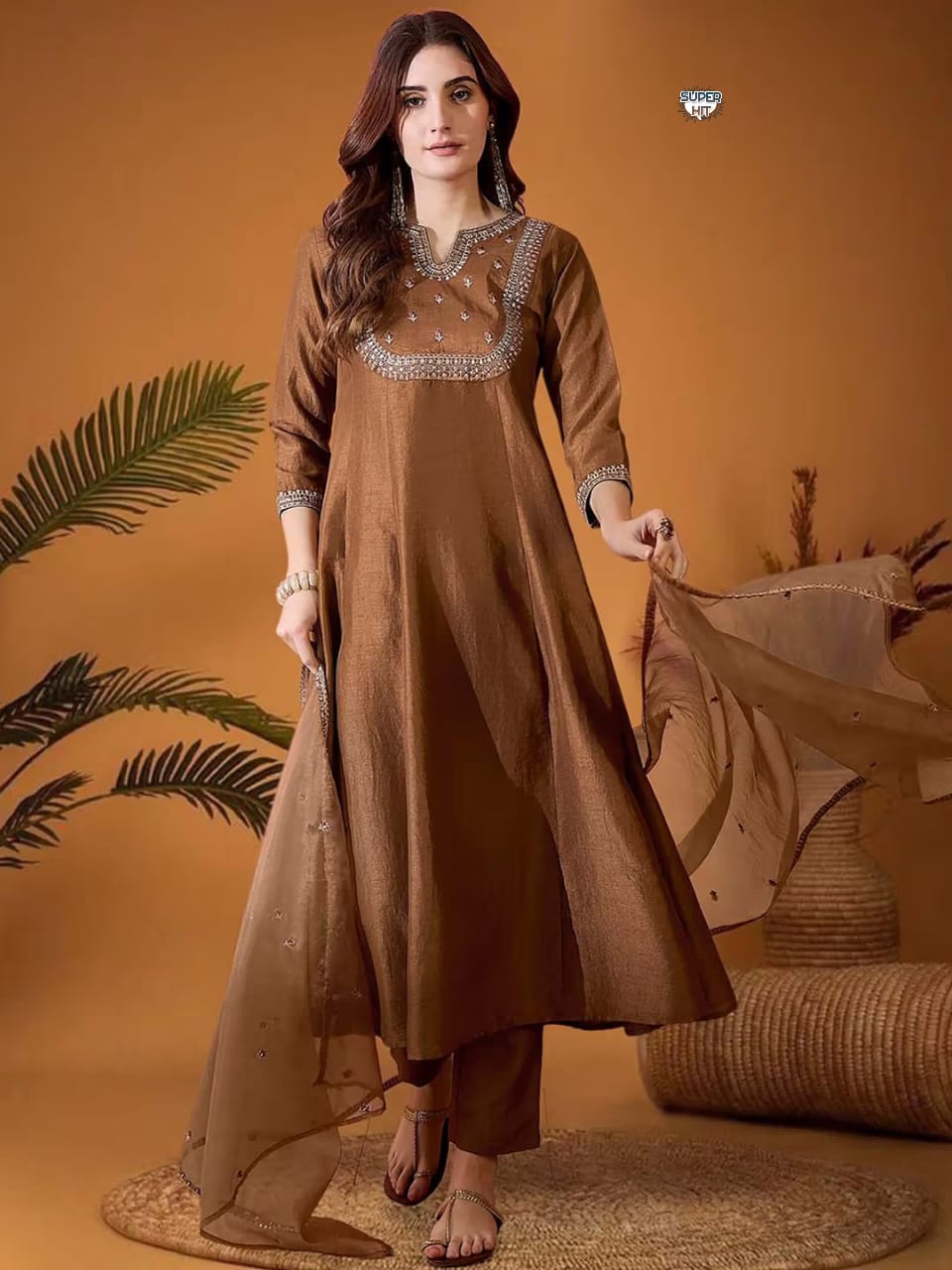 BEUTIFUL RUST BROWN VICHITRA SILK HEAVY FULLY STITCHIED SUIT SET HEAVY CODING WORK