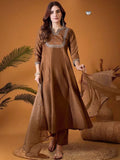BEUTIFUL RUST BROWN VICHITRA SILK HEAVY FULLY STITCHIED SUIT SET HEAVY CODING WORK