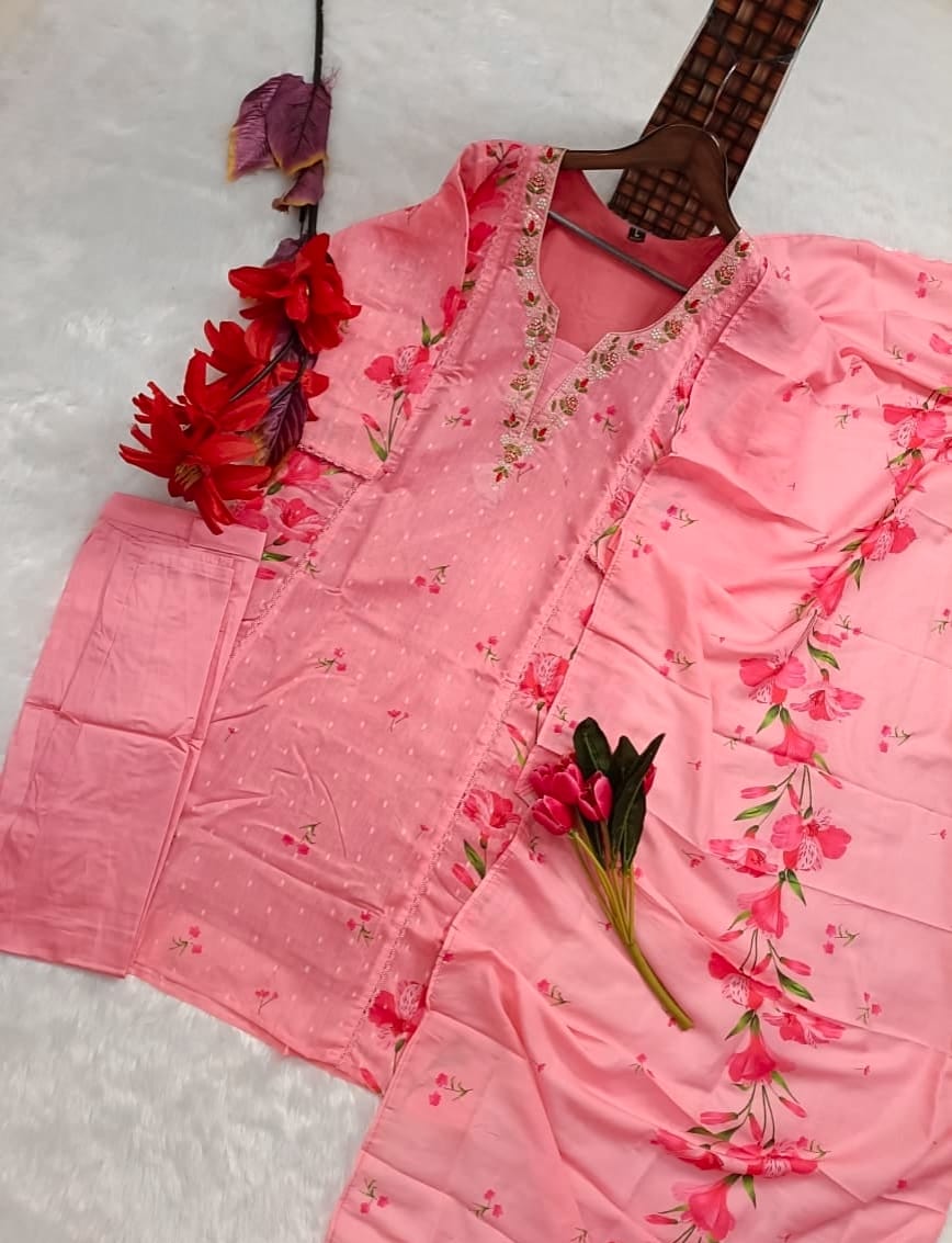 Premium And Beautiful Embroidery Work Neckline Chanderi Butti Kurti