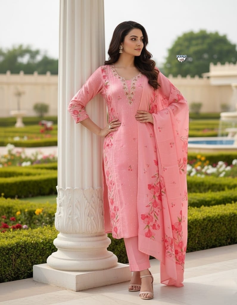 Premium And Beautiful Embroidery Work Neckline Chanderi Butti Kurti