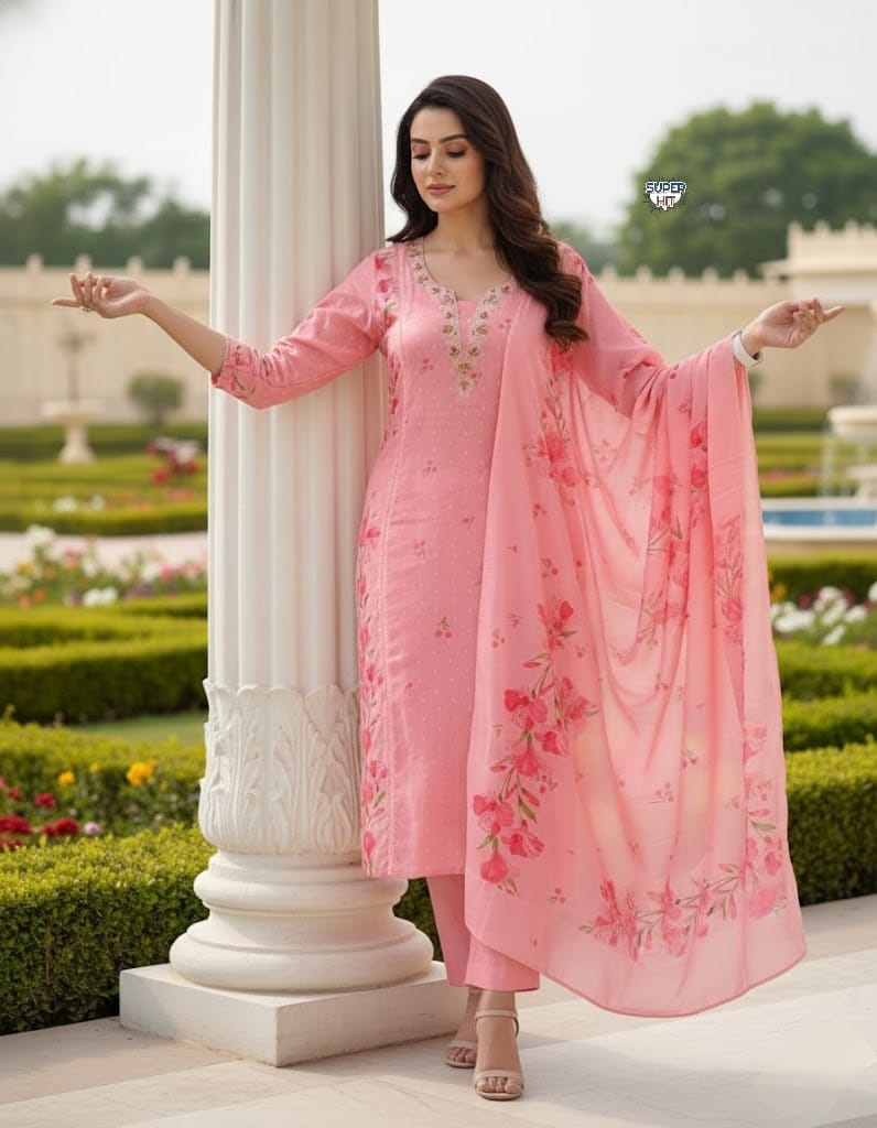 Premium And Beautiful Embroidery Work Neckline Chanderi Butti Kurti