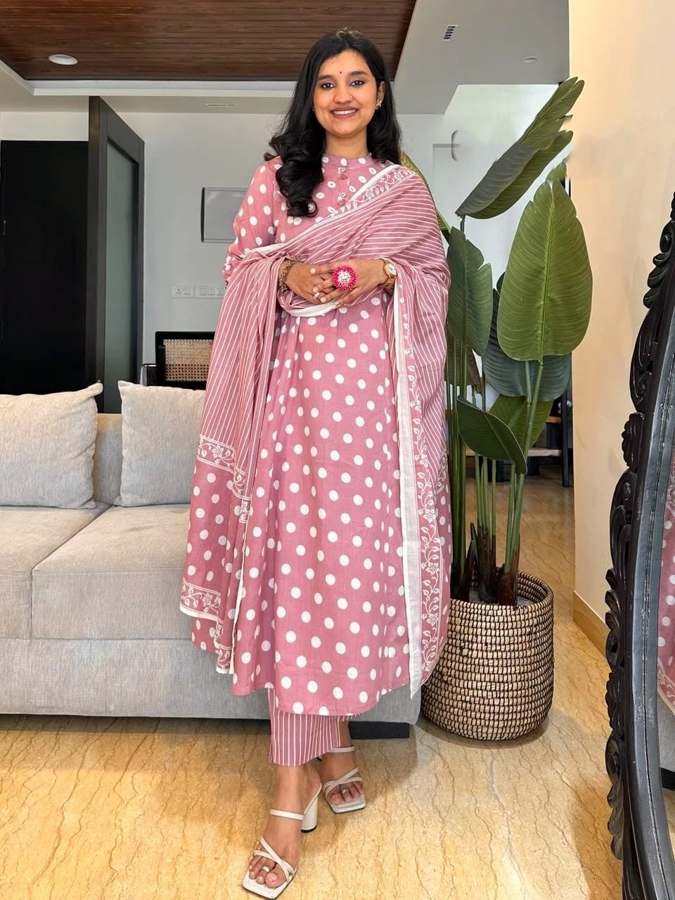 Summer Season with Vibrant Polka-Dot Print Straight Line Style Dupatta Kurti Set