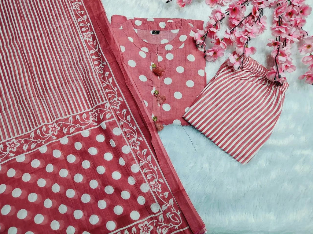 Summer Season with Vibrant Polka-Dot Print Straight Line Style Dupatta Kurti Set