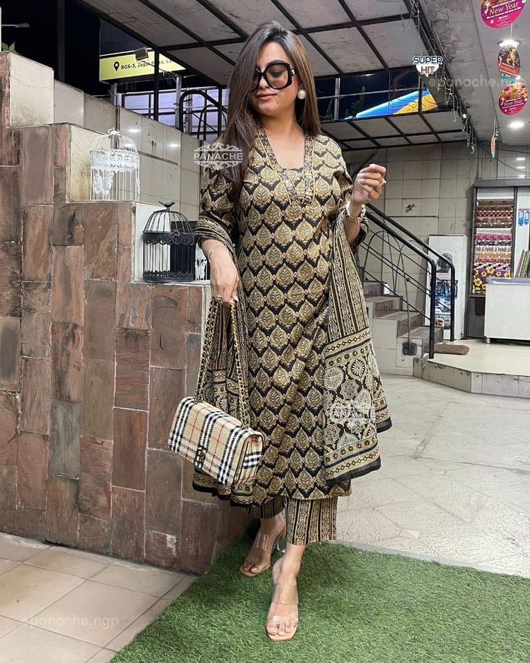 New Straight Black Kurta Set With New Style in Saganeri Block Print