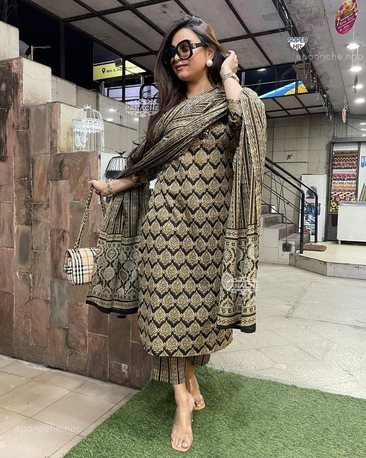 New Straight Black Kurta Set With New Style in Saganeri Block Print