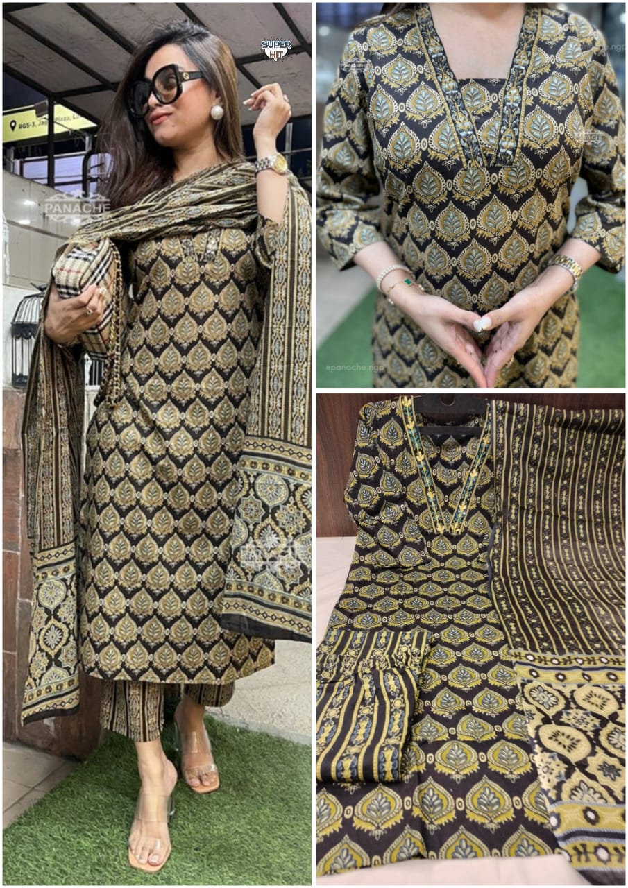 New Straight Black Kurta Set With New Style in Saganeri Block Print