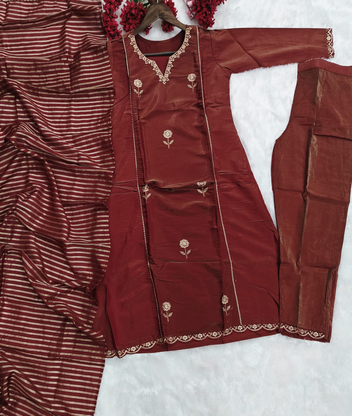 Beautiful Maroon Pv Simmer Embroidery Work With Jacquard Dupatta Kurti Set