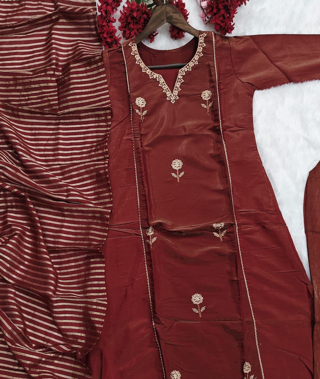 Beautiful Maroon Pv Simmer Embroidery Work With Jacquard Dupatta Kurti Set