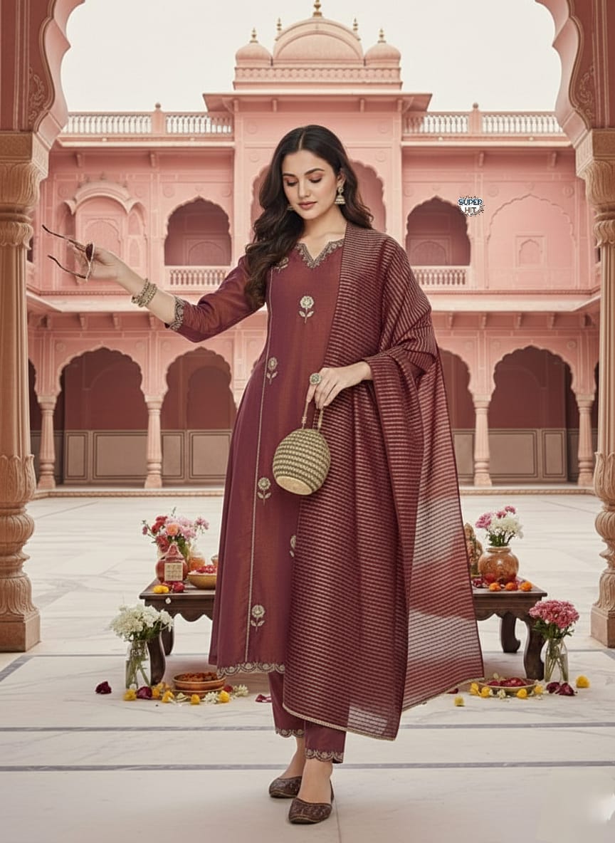 Beautiful Maroon Pv Simmer Embroidery Work With Jacquard Dupatta Kurti Set