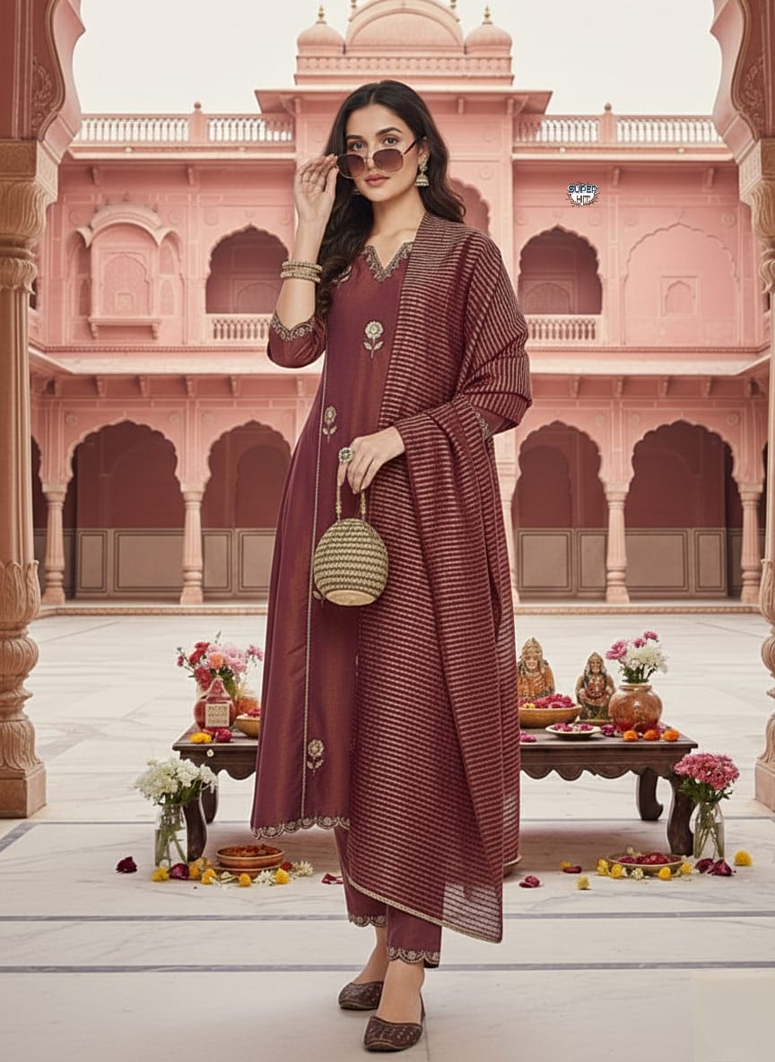 Beautiful Maroon Pv Simmer Embroidery Work With Jacquard Dupatta Kurti Set
