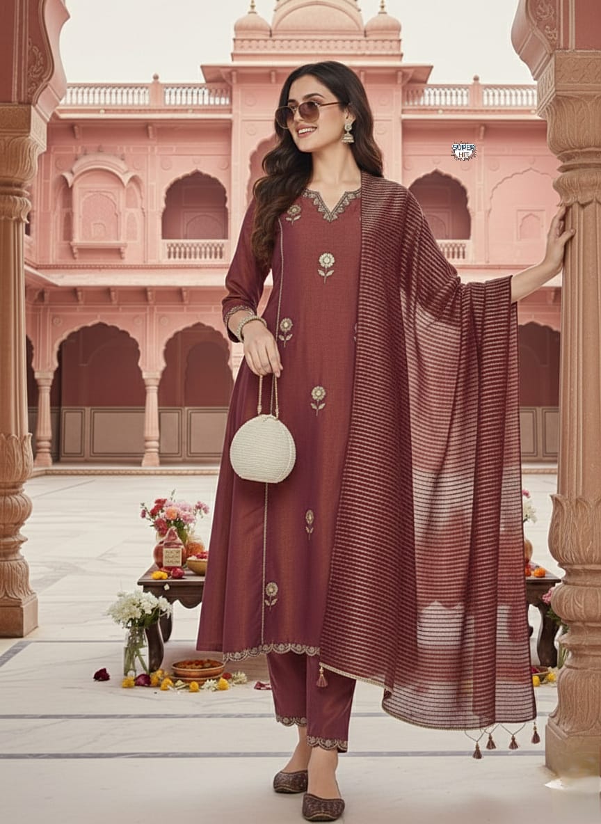Beautiful Maroon Pv Simmer Embroidery Work With Jacquard Dupatta Kurti Set