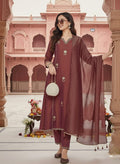 Beautiful Maroon Pv Simmer Embroidery Work With Jacquard Dupatta Kurti Set