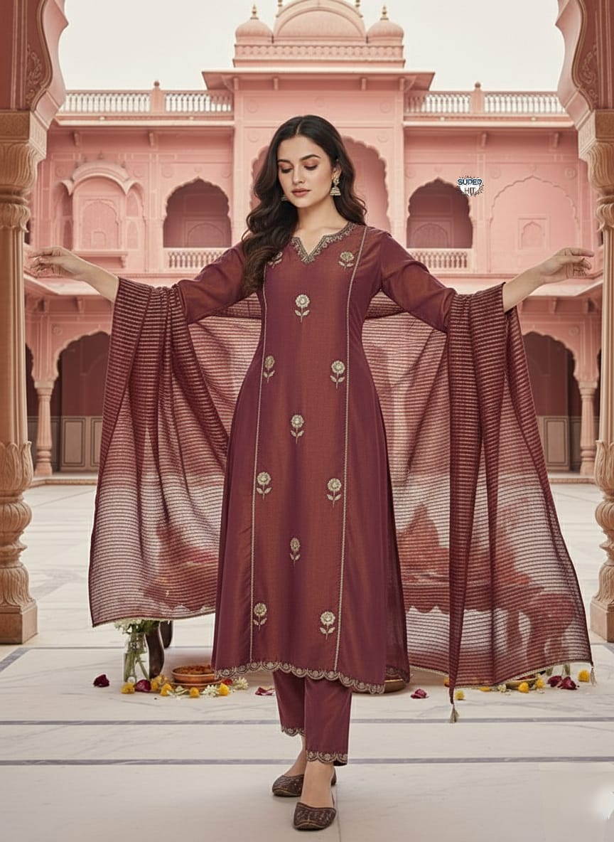 Beautiful Maroon Pv Simmer Embroidery Work With Jacquard Dupatta Kurti Set