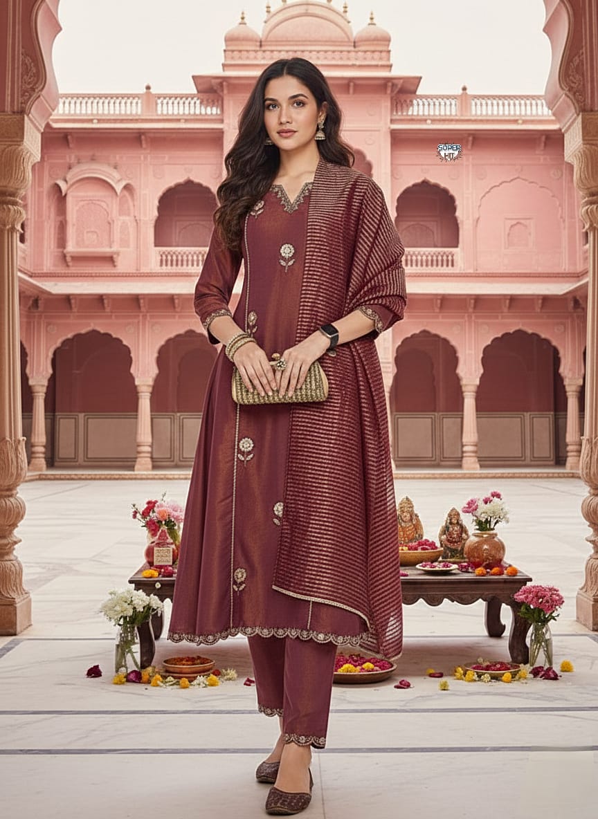 Beautiful Maroon Pv Simmer Embroidery Work With Jacquard Dupatta Kurti Set