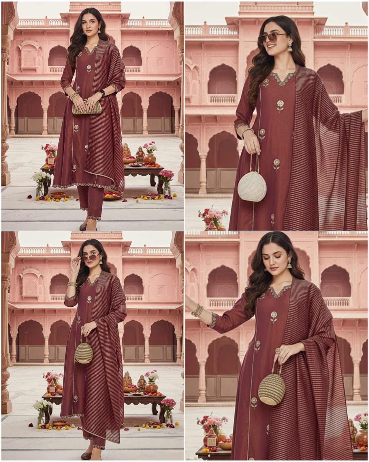 Beautiful Maroon Pv Simmer Embroidery Work With Jacquard Dupatta Kurti Set