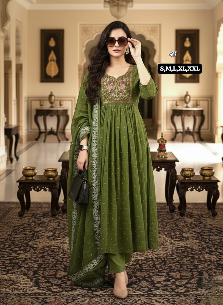 Premium Cotton Sequence Embroidery and Tier Pattern With Beutiful Work on Yoke Anarkali Kurti Set