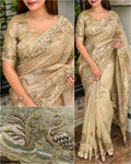 Beautiful Light Grey Hansawar Glass Organza Blend of Digital Print, Embroidered Work