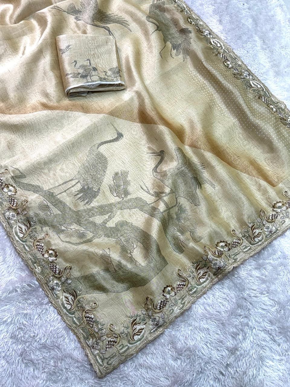 Beautiful Light Grey Hansawar Glass Organza Blend of Digital Print, Embroidered Work