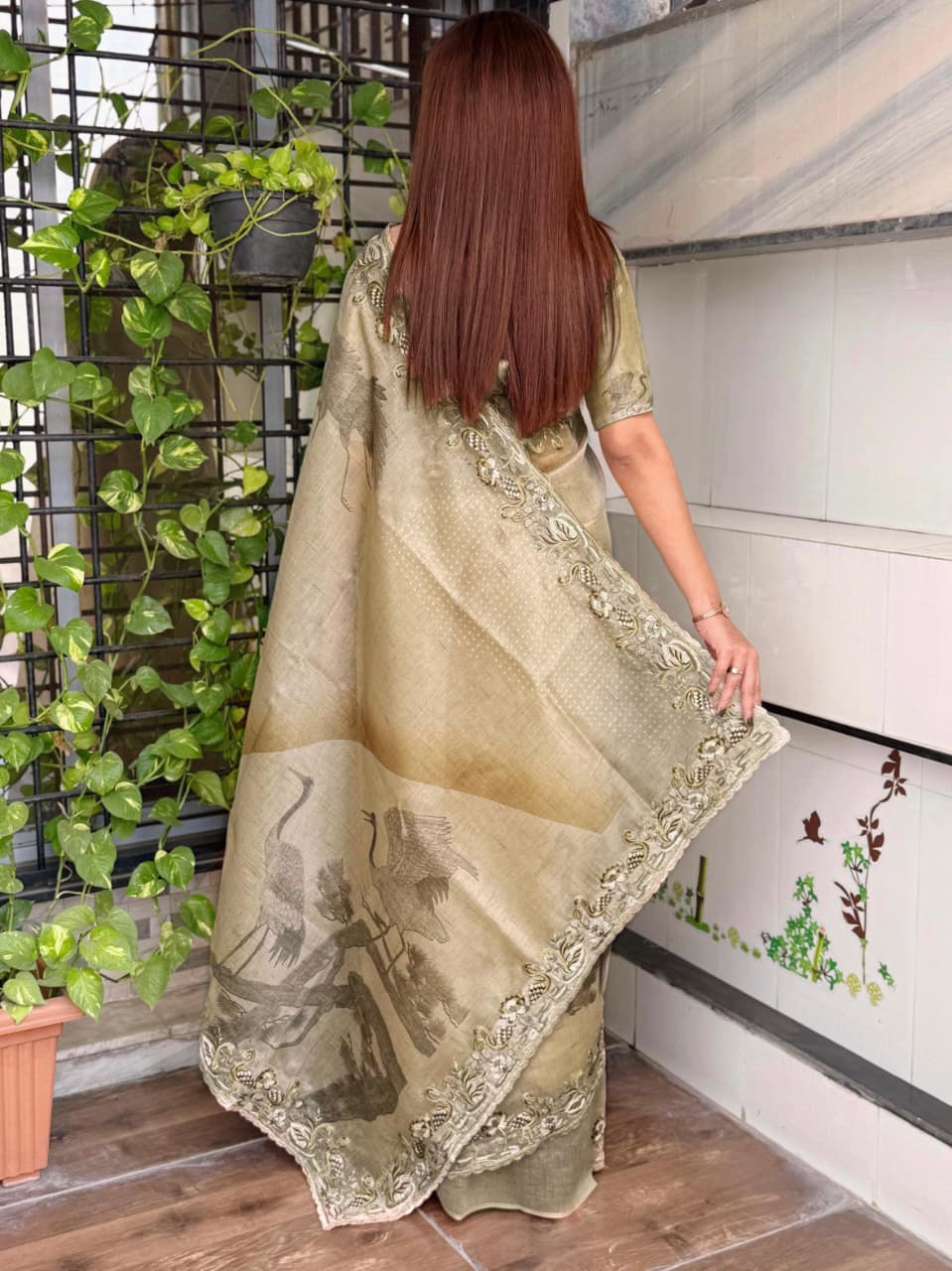 Beautiful Light Grey Hansawar Glass Organza Blend of Digital Print, Embroidered Work