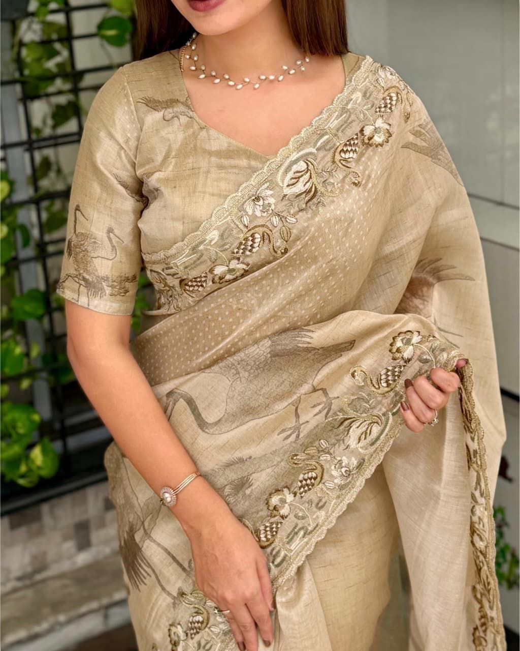 Beautiful Light Grey Hansawar Glass Organza Blend of Digital Print, Embroidered Work