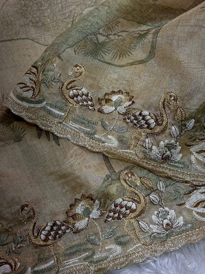 Beautiful Light Grey Hansawar Glass Organza Blend of Digital Print, Embroidered Work