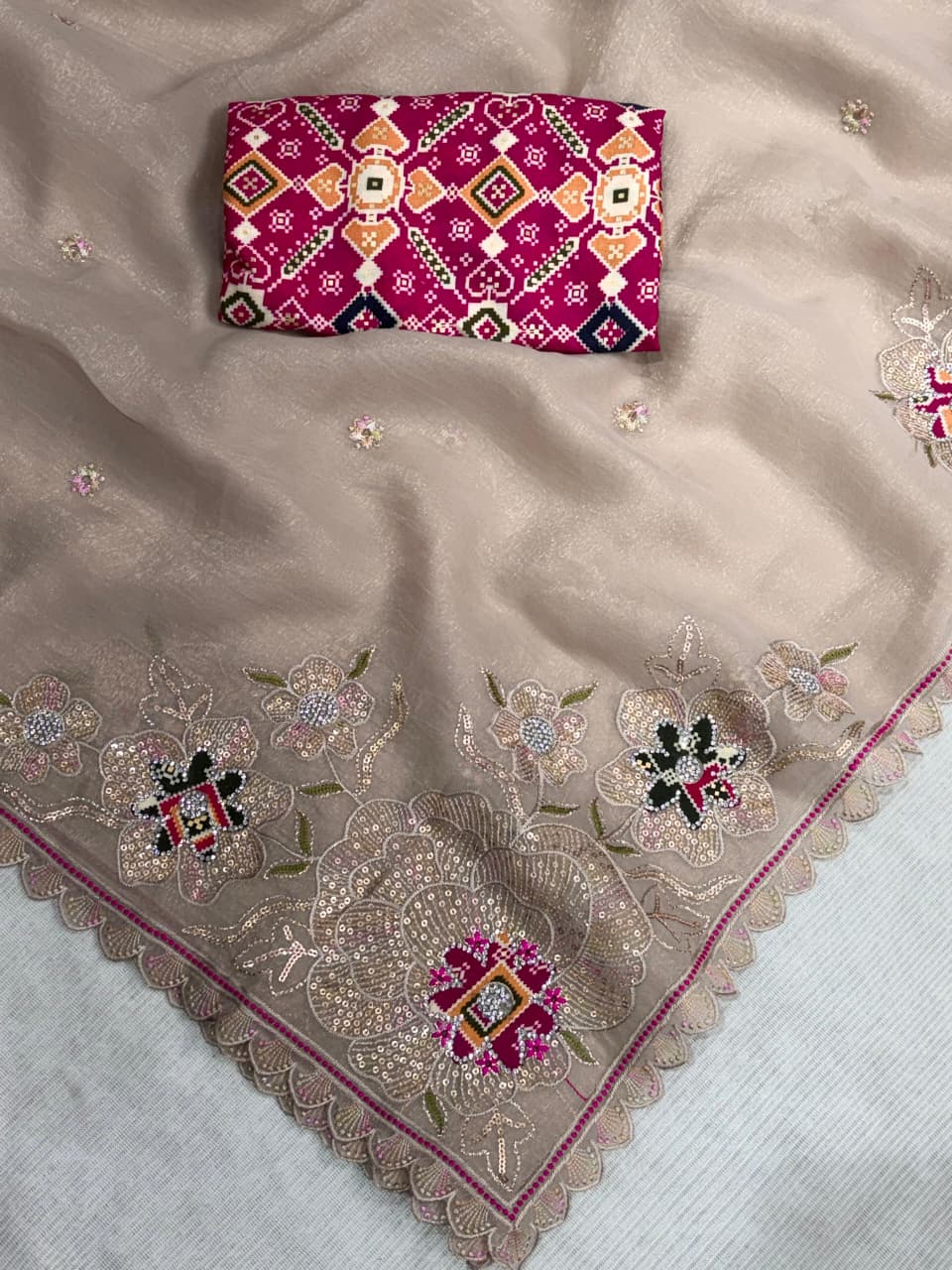 Nc Pure Simmer Silk Dusty Beige Saree Zari & Sequin Embroidered Cutwork Border with Patola Print in Blouse